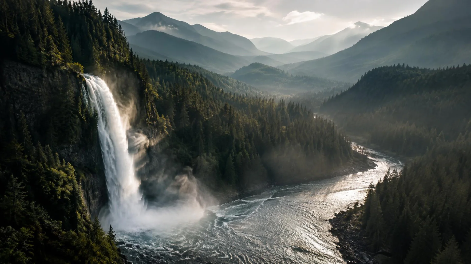 Pacific Northwest wilderness — NW Gun News Pacific Northwest waterfall feeding a forested river valley below distant mountain ridges