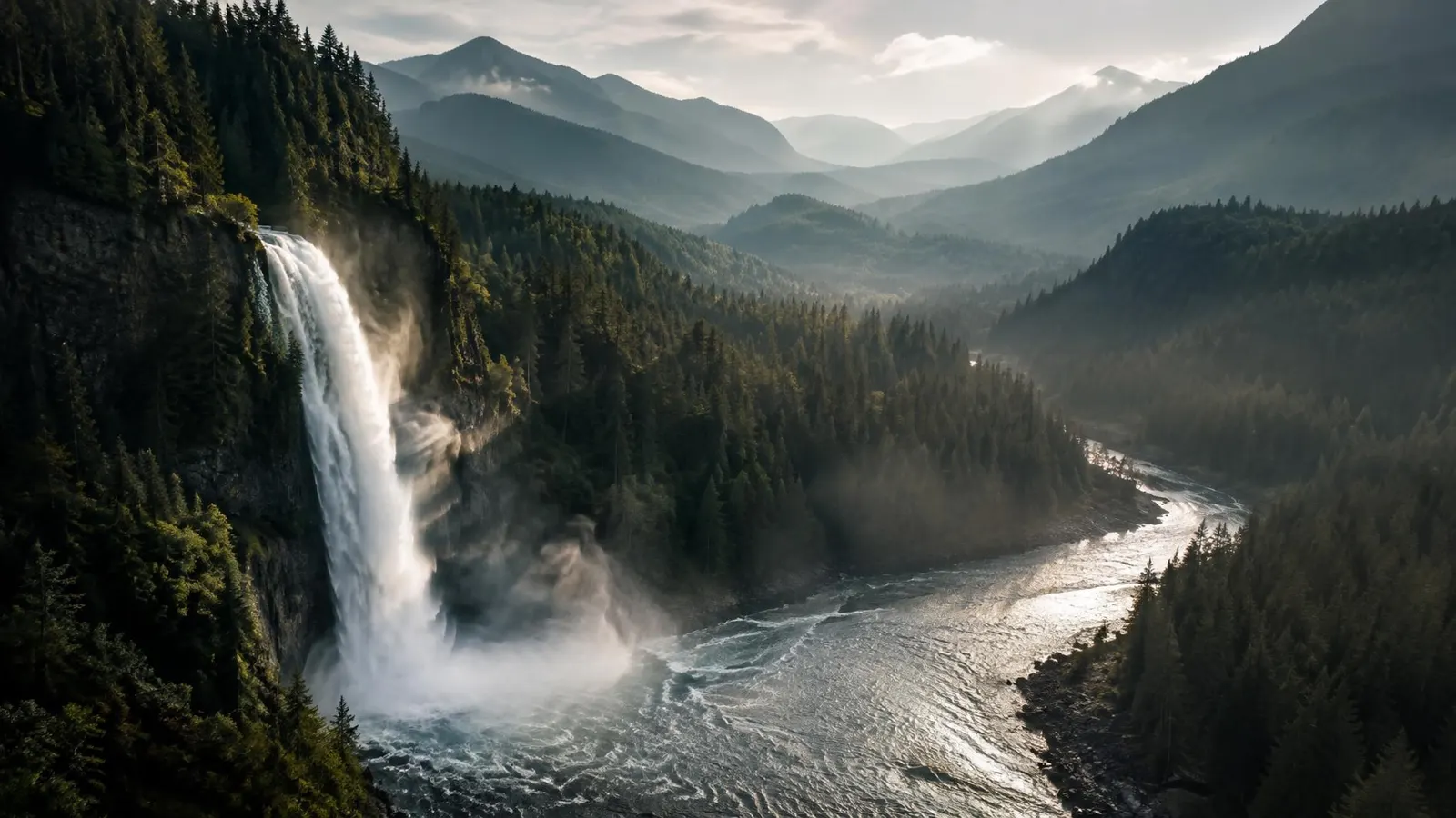 Pacific Northwest wilderness — NW Gun News Pacific Northwest waterfall feeding a forested river valley below distant mountain ridges